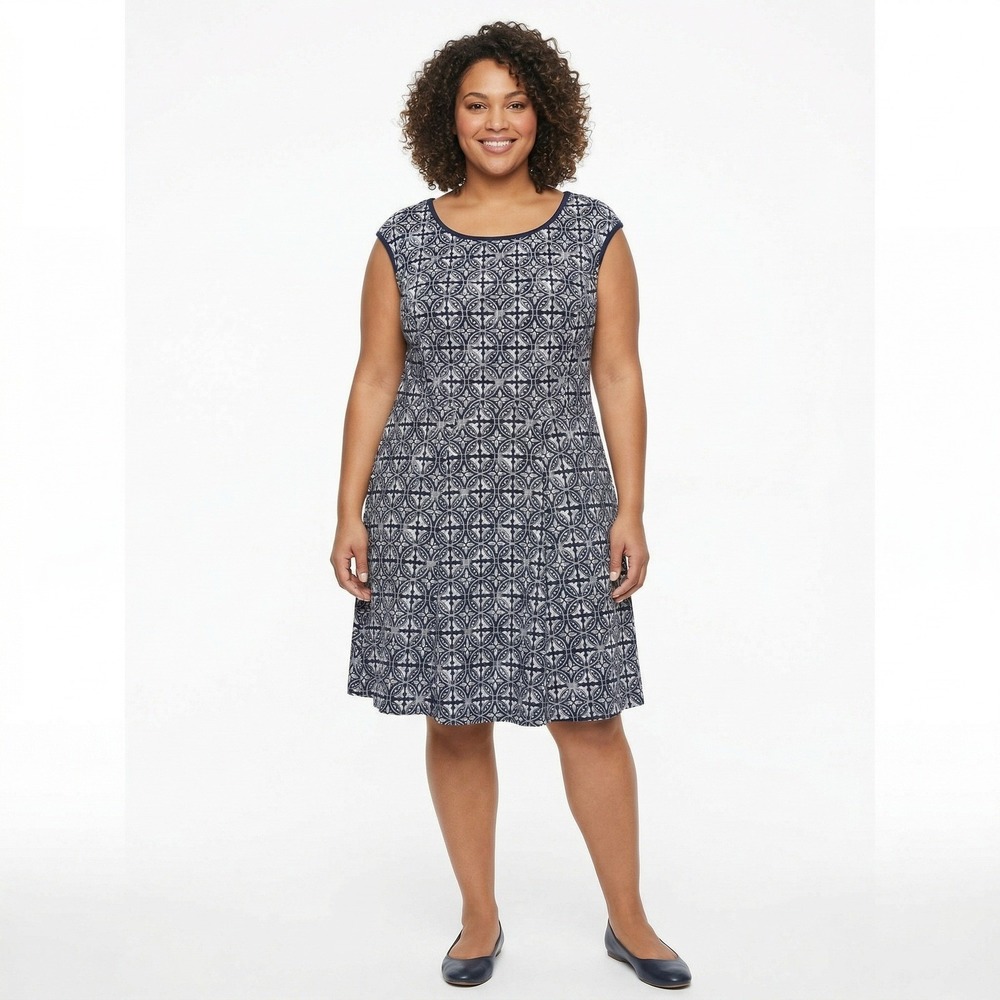 Avenue Women Plus 22/24 Navy Geometric A-Line Sleeveless Midi Dress Stretch